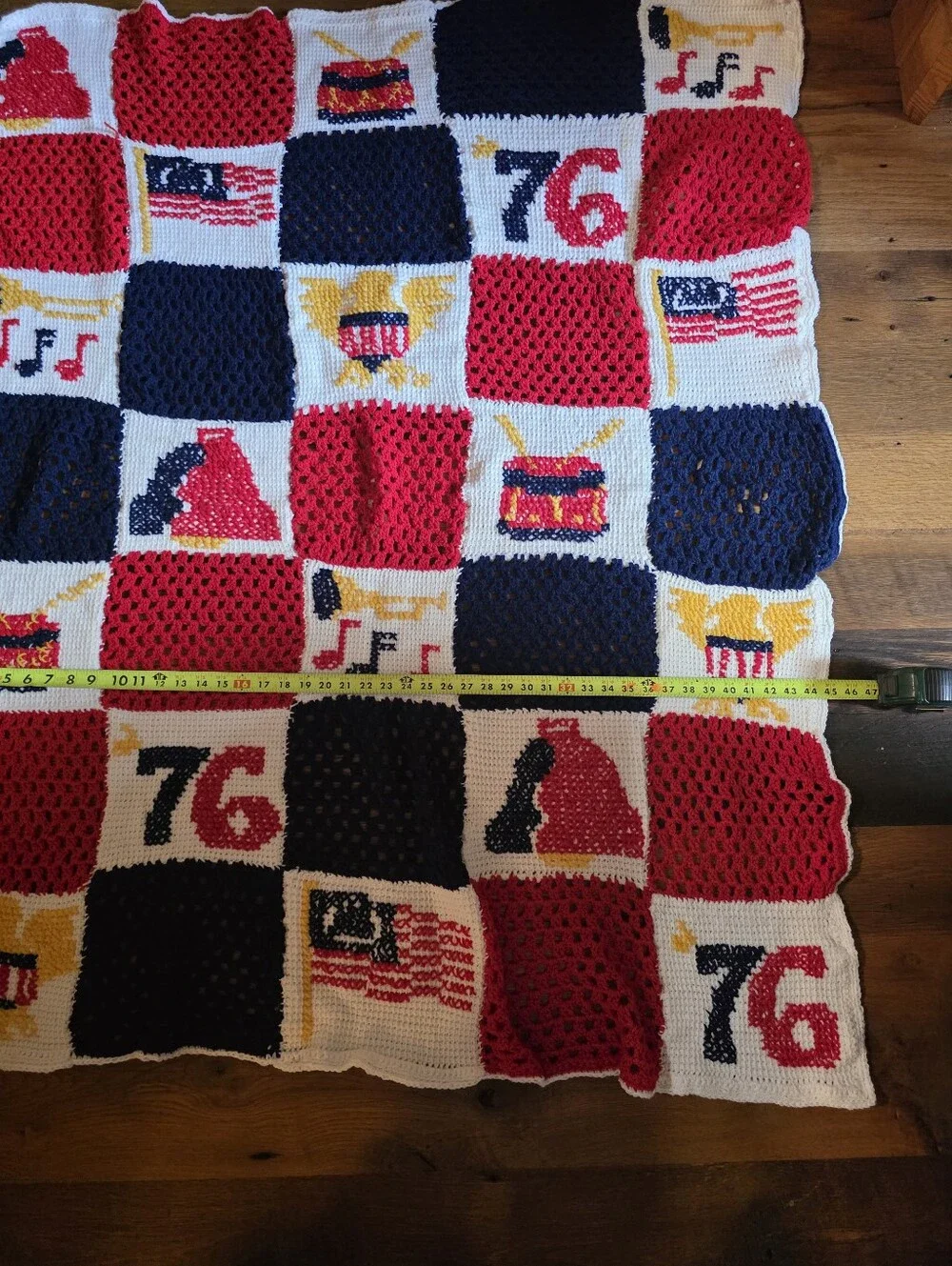 Bicentenial Patriotic Handmade Crochet Throw - Red, Navy, White, Yellow